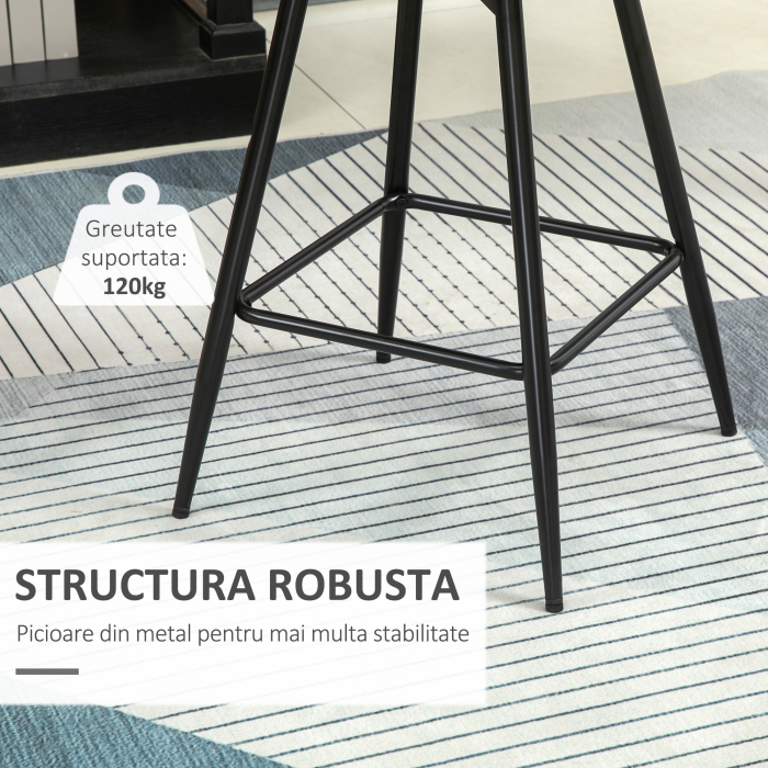  Set de 2 scaune de bar cu spatar si suport pentru picioare, scaune inalte tapitate in stil nordic din metal si catifea, alb-crem, 45x47x84 cm [6]