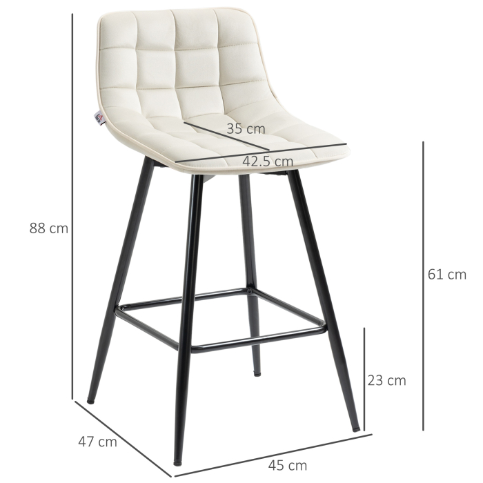  Set de 2 scaune de bar cu spatar si suport pentru picioare, scaune inalte tapitate in stil nordic din metal si catifea, alb-crem, 45x47x84 cm [3]