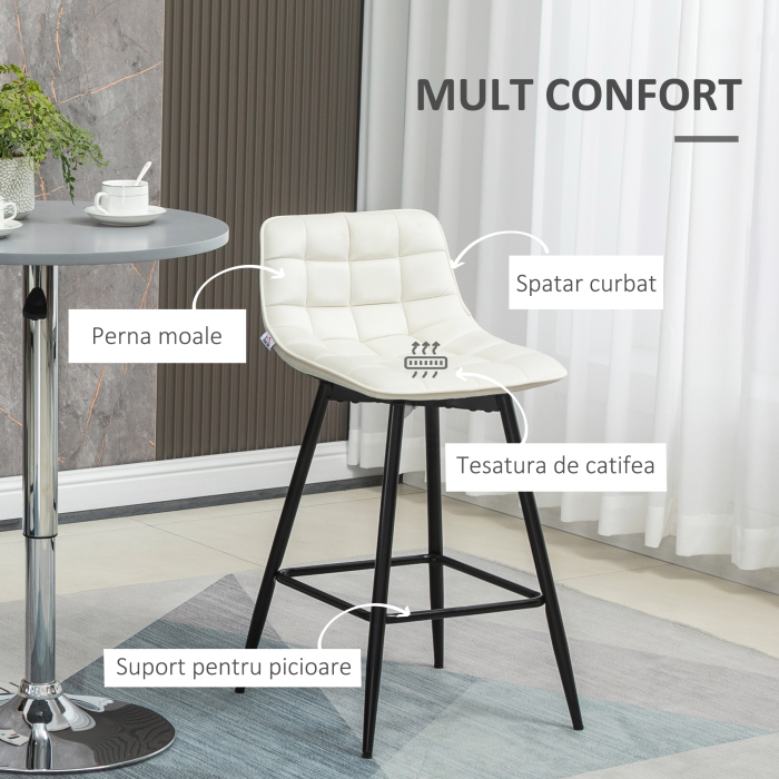  Set de 2 scaune de bar cu spatar si suport pentru picioare, scaune inalte tapitate in stil nordic din metal si catifea, alb-crem, 45x47x84 cm [5]
