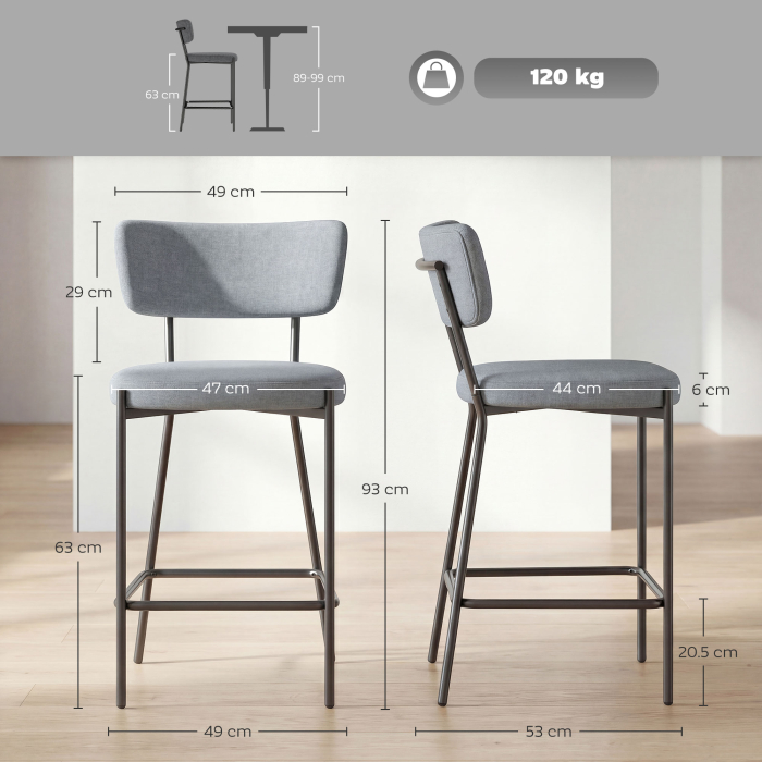  Set de 2 Scaune de Bar cu Spatar si Tapitate, Scaune inalte din material textil cu suport pentru picioare integrat si structura din metal usor de montat, Scaune pentru bucatarie si living, Gri deschi [3]