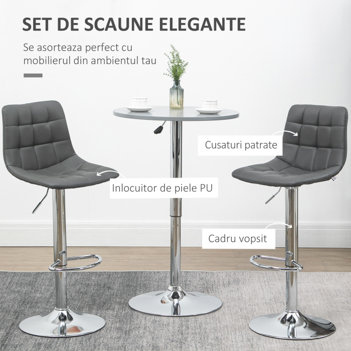  Set de 2 scaune de bar din piele cu spatar, scaune pivotante pentru bucatarie si sufragerie cu suport pentru picioare, 42x45x89-110cm, gri [4]