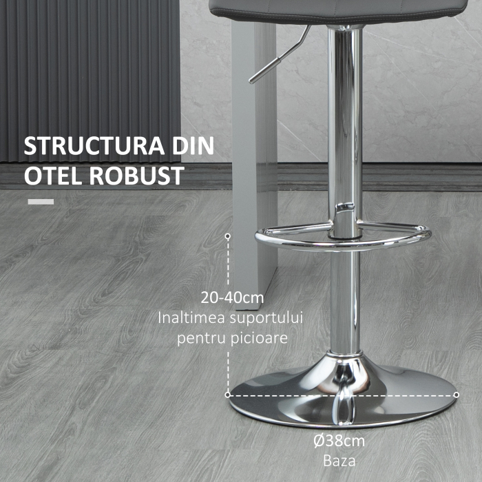 Set de 2 scaune de bar din piele cu spatar, scaune pivotante pentru bucatarie si sufragerie cu suport pentru picioare, 42x45x89-110cm, gri [7]