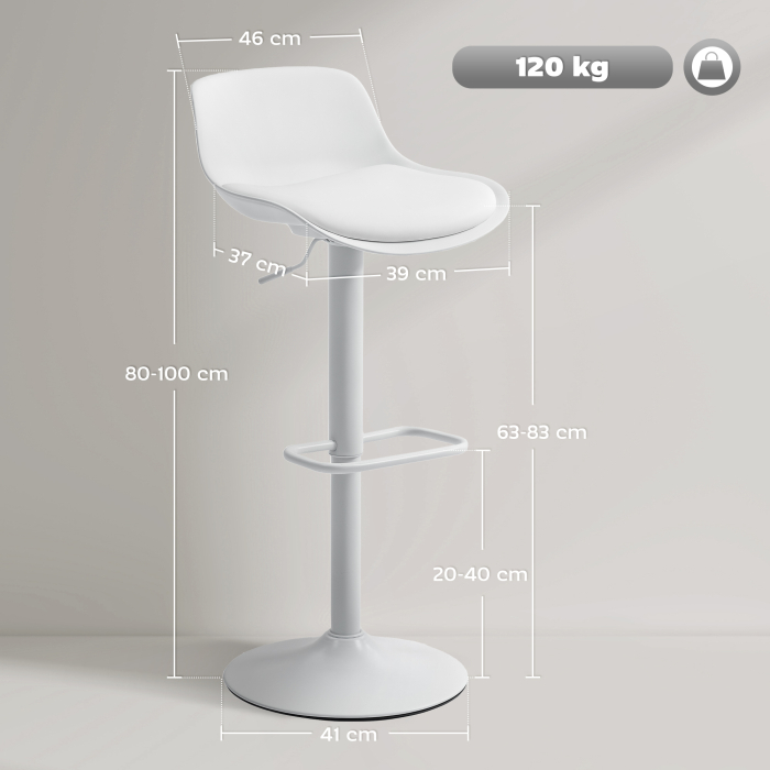  Set de 2 Scaune de Bar Rotative cu Spatar si inaltime Reglabila Alb [3]