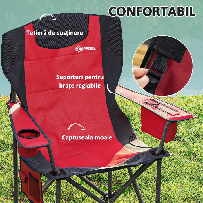 Set  de 2 Scaune de Camping Pliabile cu Cooler, Suport de Pahare si 2 Buzunare, 94x62x100 cm, Rosu [4]