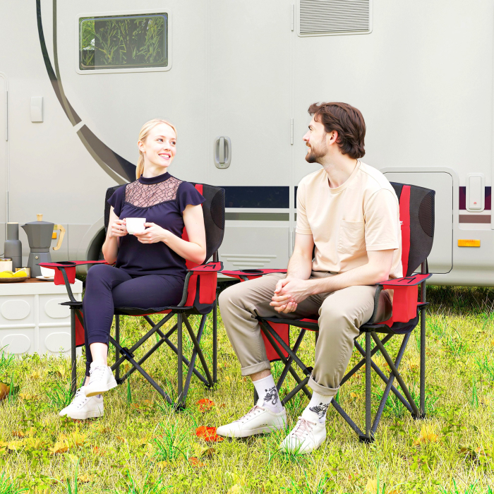 Set  de 2 Scaune de Camping Pliabile cu Cooler, Suport de Pahare si 2 Buzunare, 94x62x100 cm, Rosu [8]