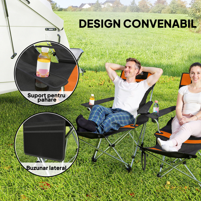  Set de 2 Scaune de Camping Pliabile cu Suport pentru Picioare Detasabil, 82x100x88 cm, Negru [5]
