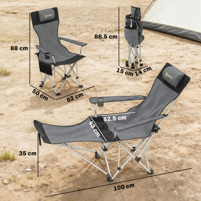  Set de 2 Scaune de Camping Pliabile cu Suport pentru Picioare Detasabil, 82x100x88 cm, Negru [3]