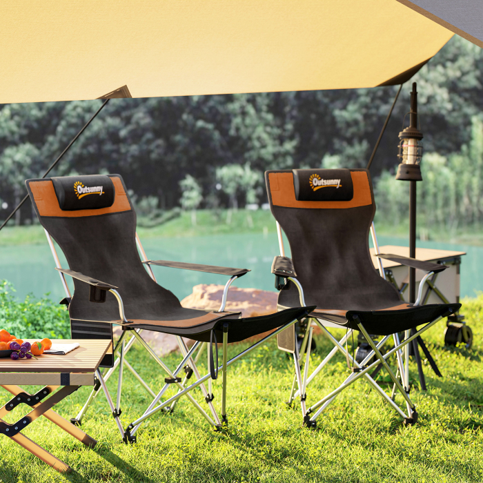  Set de 2 Scaune de Camping Pliabile cu Suport pentru Picioare Detasabil, 82x100x88 cm, Negru [7]