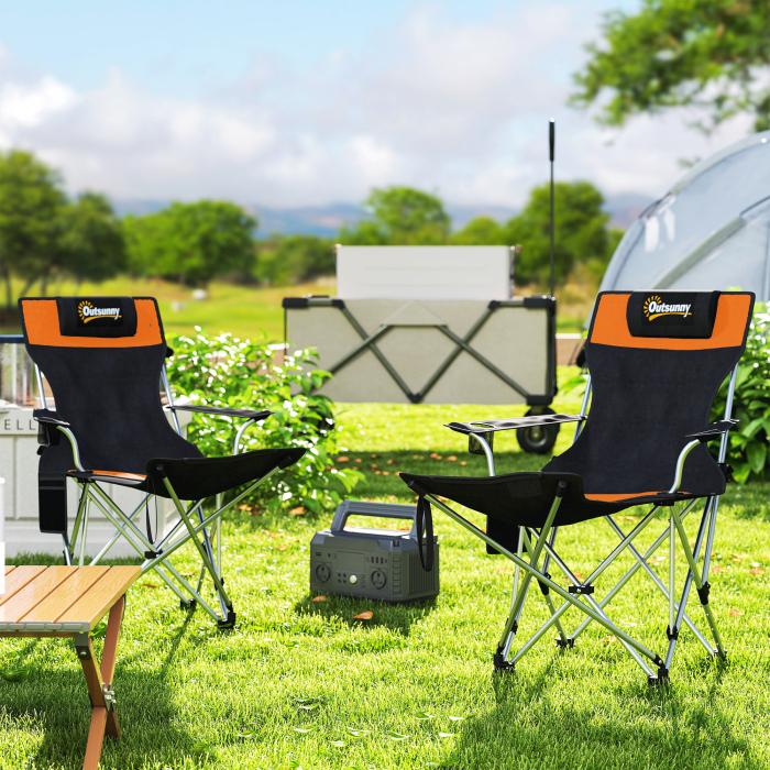  Set de 2 Scaune de Camping Pliabile cu Suport pentru Picioare Detasabil, 82x100x88 cm, Negru [2]