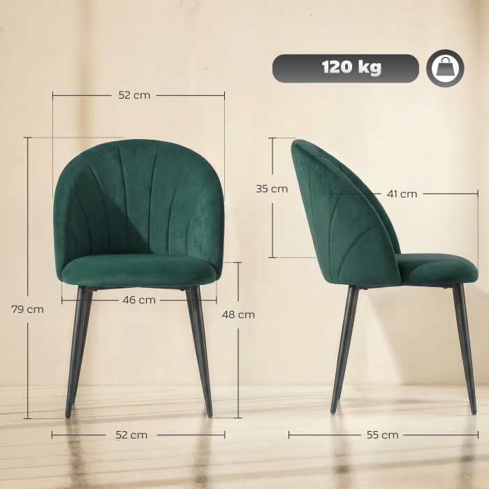  Set de 2 Scaune de Dining din Catifea, Scaune de Bucatarie cu Spatar Curbat in Forma de Scoica, Picioare din Otel, Stil Nordic, Scaun Tapitat pentru Bucatarie, Dormitor, Sufragerie, Verde inchis [3]