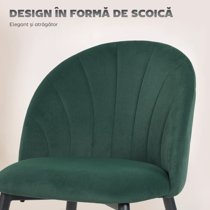  Set de 2 Scaune de Dining din Catifea, Scaune de Bucatarie cu Spatar Curbat in Forma de Scoica, Picioare din Otel, Stil Nordic, Scaun Tapitat pentru Bucatarie, Dormitor, Sufragerie, Verde inchis [4]