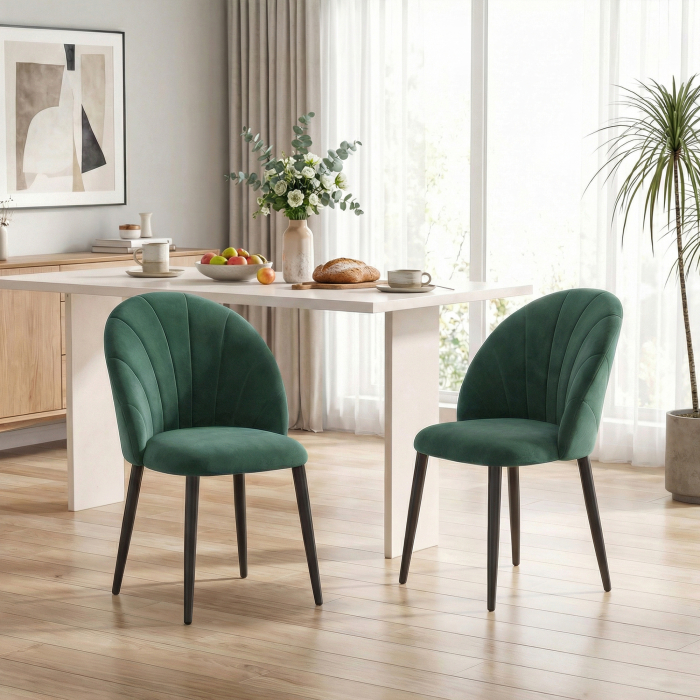  Set de 2 Scaune de Dining din Catifea, Scaune de Bucatarie cu Spatar Curbat in Forma de Scoica, Picioare din Otel, Stil Nordic, Scaun Tapitat pentru Bucatarie, Dormitor, Sufragerie, Verde inchis [2]