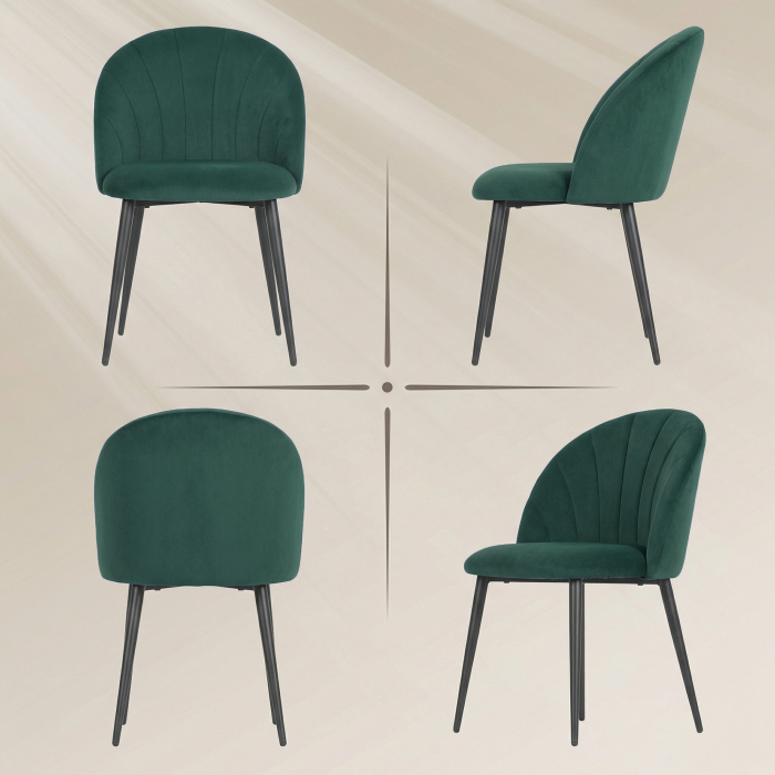  Set de 2 Scaune de Dining din Catifea, Scaune de Bucatarie cu Spatar Curbat in Forma de Scoica, Picioare din Otel, Stil Nordic, Scaun Tapitat pentru Bucatarie, Dormitor, Sufragerie, Verde inchis [7]