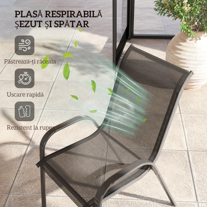  Set de 2 Scaune de Exterior pentru Pranz, Scaune Suprapozabile cu Spatar inalt, Plasa Respirabila pentru Gradina sau Terasa, Negru [5]