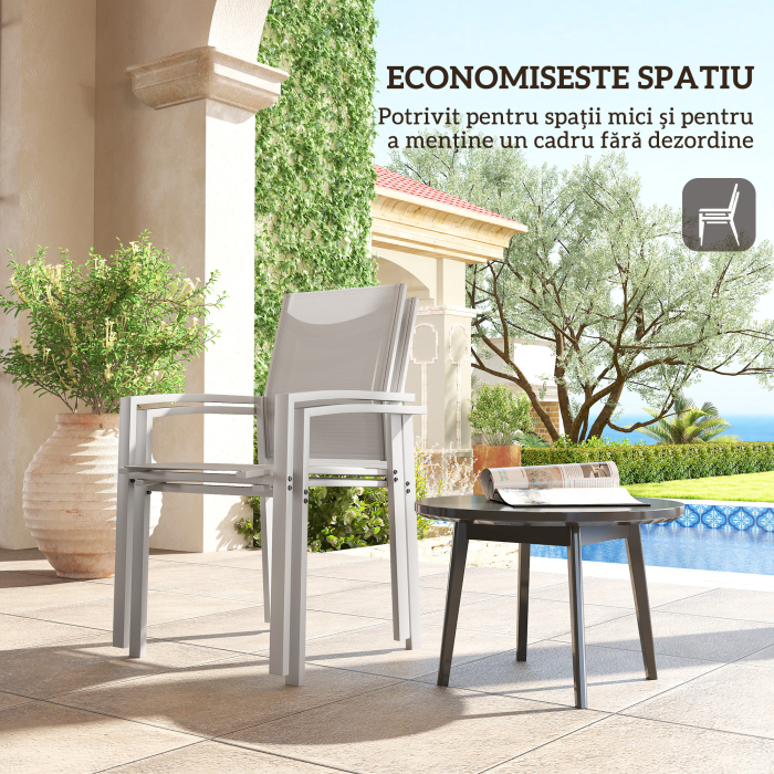  Set de 2 Scaune de Gradina cu Cadru din Aluminiu, Plasa Respirabila si Cotiere, 56x58x89 cm, Gri Deschis [6]