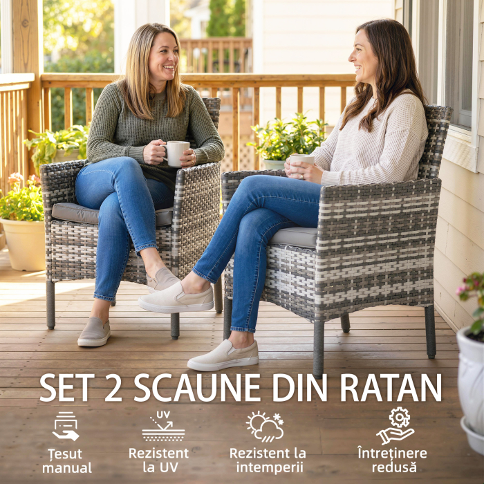  Set de 2 Scaune de Gradina din Ratan, Scaune de Exterior cu Perne, Cotiere si Spatar inalt, Cadru din Otel pentru Veranda, Balcon, Langa Piscina si Gradina, Gri [4]