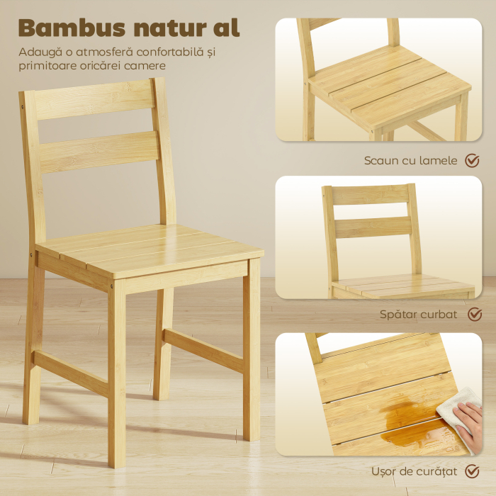  Set de 2 Scaune de Masa din Bambus, Scaune de Bucatarie cu Spatar Curbat, sezut cu Lamele, Scaun pentru Bucatarie, Dormitor, Living, Culoare Naturala [5]