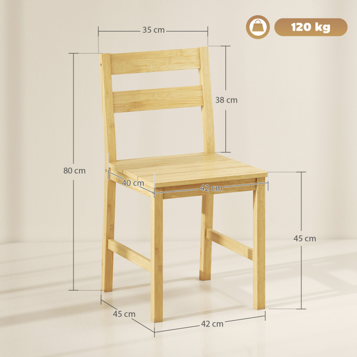  Set de 2 Scaune de Masa din Bambus, Scaune de Bucatarie cu Spatar Curbat, sezut cu Lamele, Scaun pentru Bucatarie, Dormitor, Living, Culoare Naturala [3]