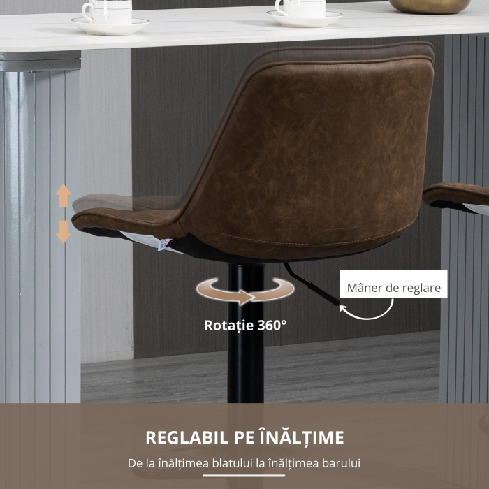  Set de 2 Scaune inalte de Bar cu inaltime Reglabila, Rotative cu Baza din Otel, 46,5x51x86-106 cm, Maro inchis [5]