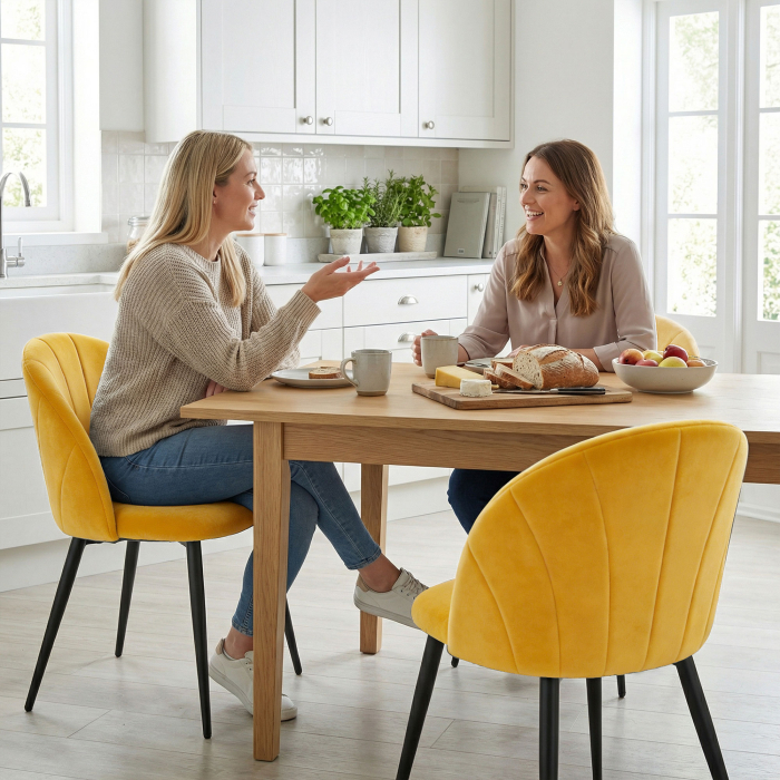  Set de 2 Scaune pentru Sufragerie din Catifea, Scaune pentru Bucatarie cu Spatar Curbat in Forma de Scoica, Picioare din Otel, Stil Nordic, Scaune Captusite pentru Bucatarie, Dormitor, Living, Galben [8]