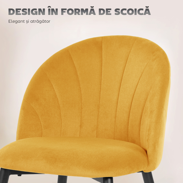  Set de 2 Scaune pentru Sufragerie din Catifea, Scaune pentru Bucatarie cu Spatar Curbat in Forma de Scoica, Picioare din Otel, Stil Nordic, Scaune Captusite pentru Bucatarie, Dormitor, Living, Galben [4]