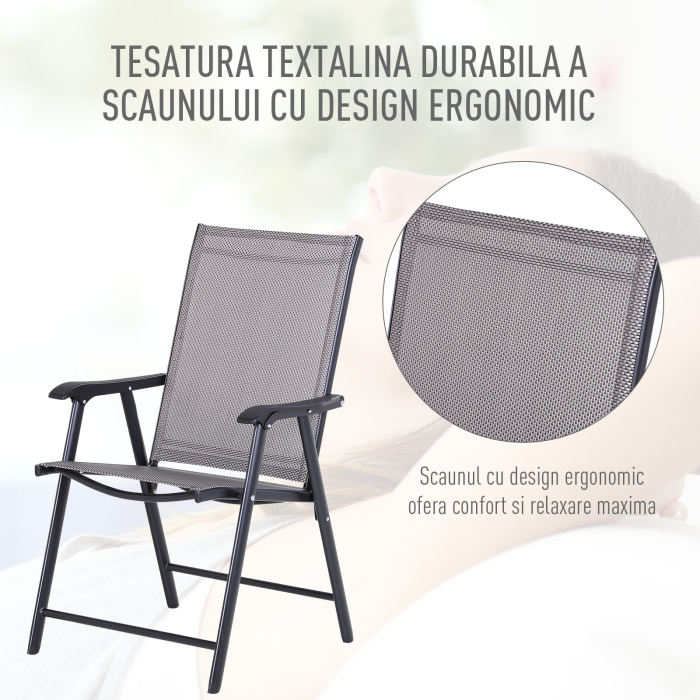  Set de 2 Scaune Pliabile pentru Exterior din Otel si Textilene Gri si Negru [5]