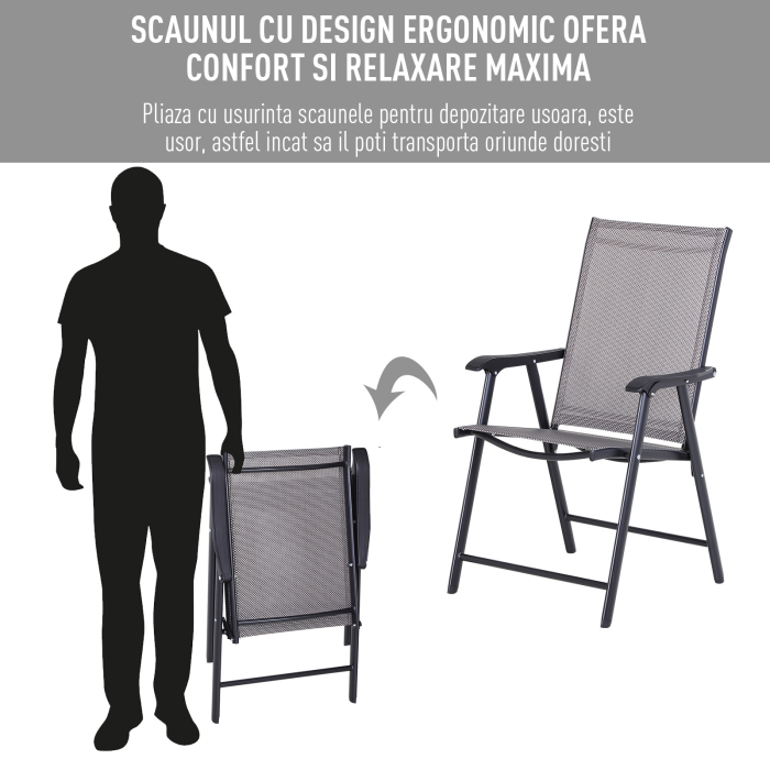  Set de 2 Scaune Pliabile pentru Exterior din Otel si Textilene Gri si Negru [6]