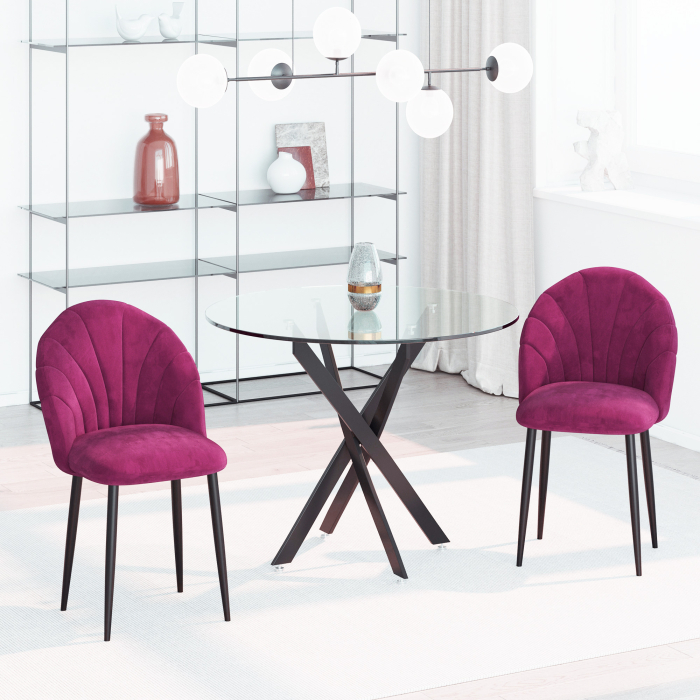  Set de 2 Scaune tapitate de sufragerie fara cotiere, spatar curbat fucsia [2]