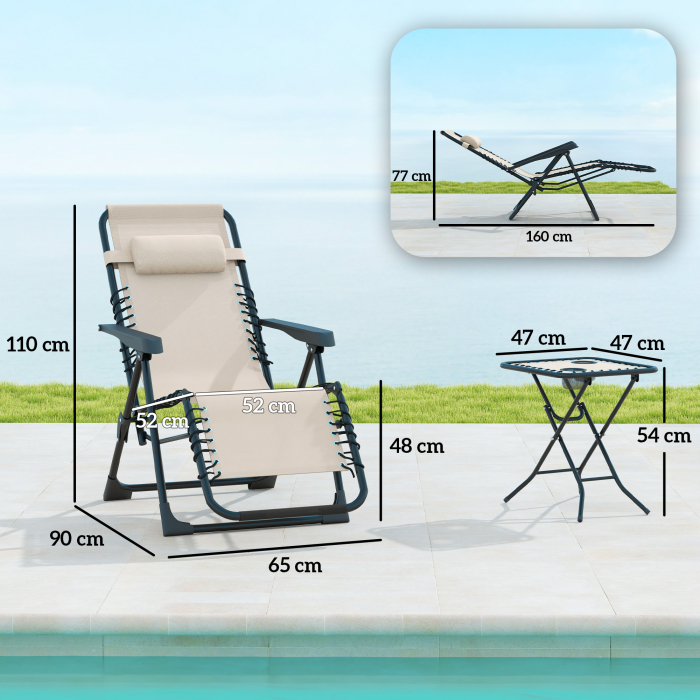  Set de 2 sezlonguri de Gradina cu Gravitatie Zero si Masuta cu Suport pentru Pahare, 47x47x54 cm, Bej [3]