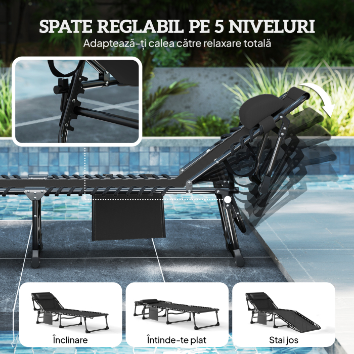  Set de 2 sezlonguri de Gradina Pliabile, Reglabile pe 5 Niveluri, cu Perne, sezlonguri Textilena cu Buzunar Lateral, Maner, pentru Plaja, Piscina, 57x200x38 cm, Negru [4]