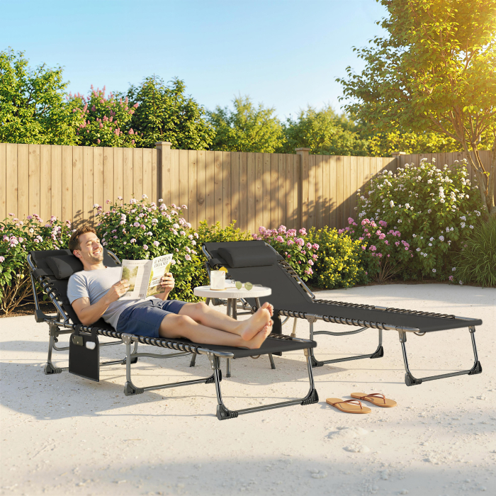  Set de 2 sezlonguri de Gradina Pliabile, Reglabile pe 5 Niveluri, cu Perne, sezlonguri Textilena cu Buzunar Lateral, Maner, pentru Plaja, Piscina, 57x200x38 cm, Negru [2]
