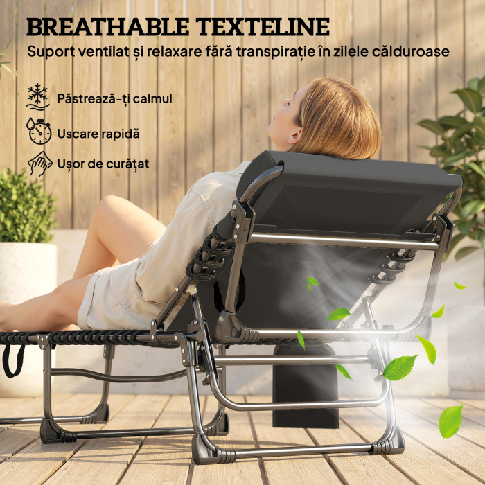  Set de 2 sezlonguri de Gradina Pliabile, Reglabile pe 5 Niveluri, cu Perne, sezlonguri Textilena cu Buzunar Lateral, Maner, pentru Plaja, Piscina, 57x200x38 cm, Negru [5]