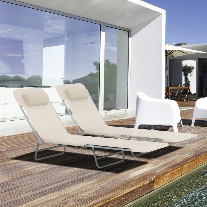  Set de 2 Sezlonguri pentru Plaja Pliabile cu Spatar Rabatabil pe 5 Niveluri, Sezlong de Gradina din Otel si Tesatura Plasa, Bej [2]