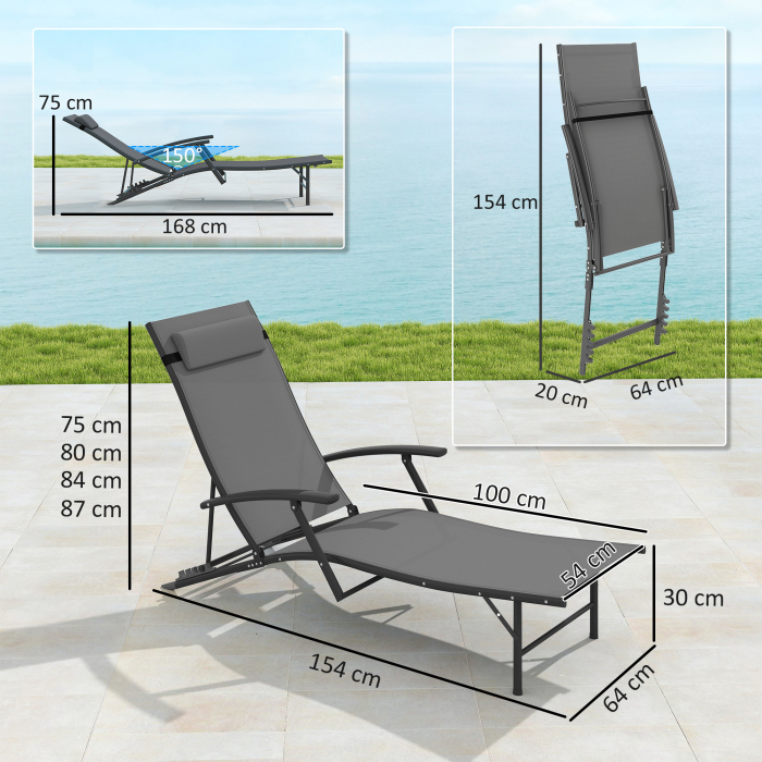  Set de 2 sezlonguri Pliante, Ajustabile in 4 Pozitii cu Cotiere si Perne, 64x154x87 cm, Gri [3]
