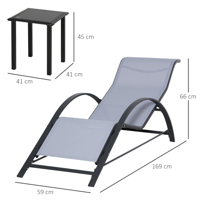  Set de 2 sezlonguri si masuta cu blat din sticla, 59x169x66 cm, gri deschis [3]