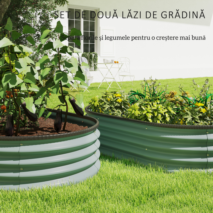  Set de 2 Straturi de Gradina Modulara, Paturi Ridicate cu Margine din Cauciuc, Baza Deschisa, Straturi din Otel Zincat pentru Plante Aromatice, Fructe, Legume si Flori, 135x90x30 cm, Verde [4]