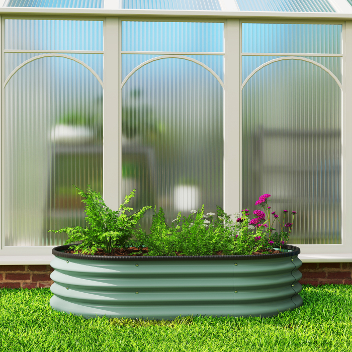  Set de 2 Straturi de Gradina Modulara, Paturi Ridicate cu Margine din Cauciuc, Baza Deschisa, Straturi din Otel Zincat pentru Plante Aromatice, Fructe, Legume si Flori, 135x90x30 cm, Verde [9]