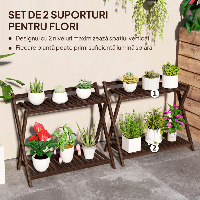  Set de 2 Suporturi pentru Plante cu 2 Niveluri, 73x36x64 cm, Maro [4]