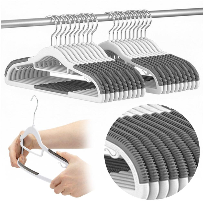Set de 20 de umerase antiderapante pentru haine, din PE, cu carlig metalic rotativ, 41 cm, alb si gri [16]