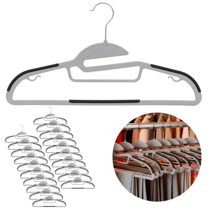Set de 20 de umerase antiderapante pentru haine, din PE, cu carlig metalic rotativ, 41 cm, gri si negru [3]