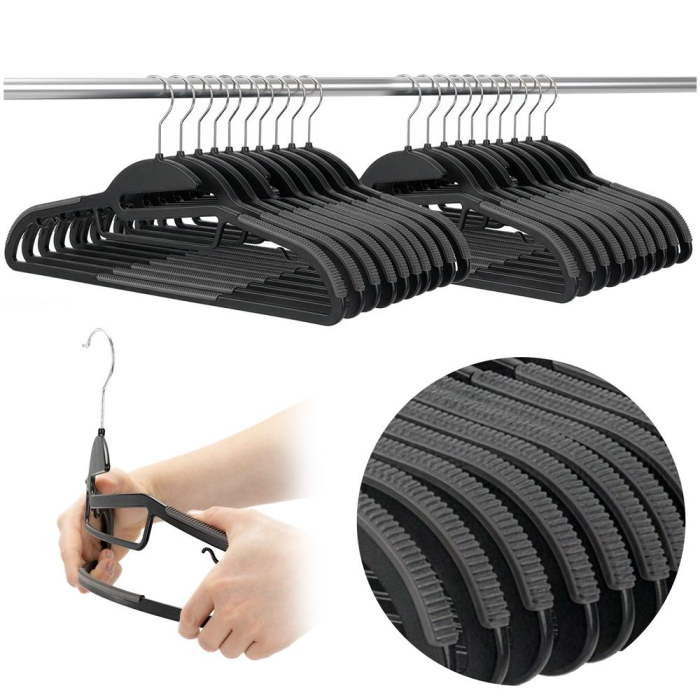 Set de 20 de umerase antiderapante pentru haine, din PE, cu carlig metalic rotativ, 41 cm, negru si gri [16]