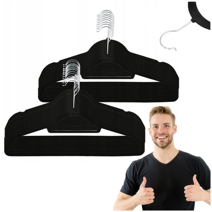 Set de 20 de umerase din velur cu carlig rotativ 360°, 45x23 cm, negru [3]