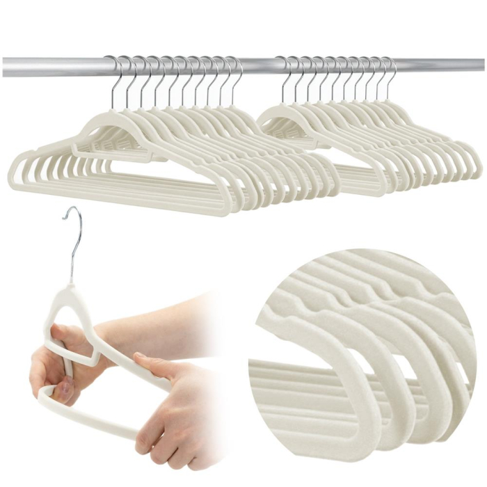 Set de 20 de umerase pentru haine, din velur, cu carlig rotativ, 45x23 cm, ecru [16]