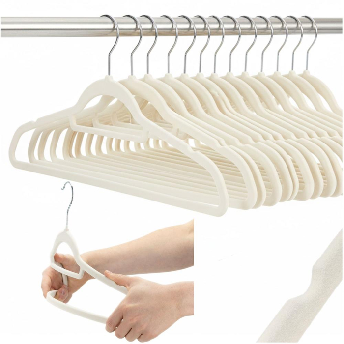 Set de 20 de umerase pentru haine, din velur, cu carlig rotativ, 45x23 cm, ecru [14]