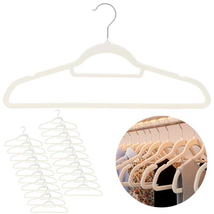 Set de 20 de umerase pentru haine, din velur, cu carlig rotativ, 45x23 cm, ecru [4]