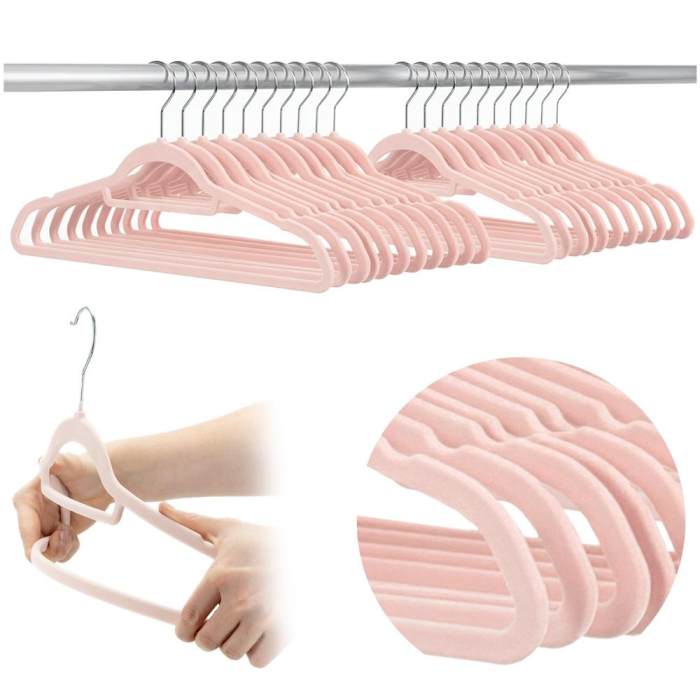 Set de 20 de umerase pentru haine, din velur, cu carlig rotativ, 45x23 cm, roz [16]