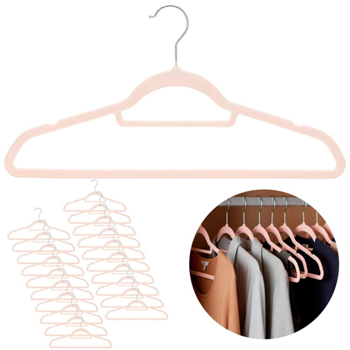 Set de 20 de umerase pentru haine, din velur, cu carlig rotativ, 45x23 cm, roz [5]