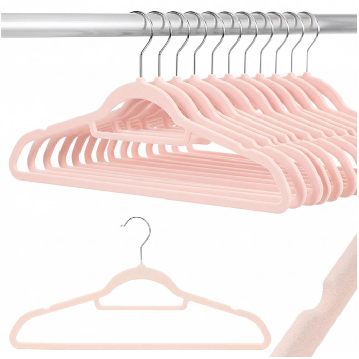 Set de 20 de umerase pentru haine, din velur, cu carlig rotativ, 45x23 cm, roz [4]