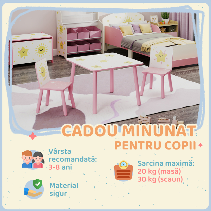  Set de 3 piese cu masa si scaune pentru copii, Masa cu 2 scaune pentru dormitor, gradinita, sala de jocuri, Roz [7]