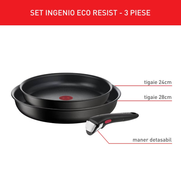 Set de 3 piese Tefal Ingenio Eco Resist L3979102, tigaie de 24/28 cm, maner detasabil, invelis antiaderent Titanium Anti-Scratch, indicator Therm [2]